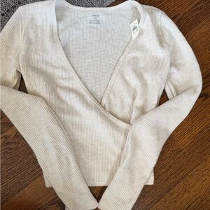 aerie Cream Ribbed Wrap V-Neck Long Sleeve Top